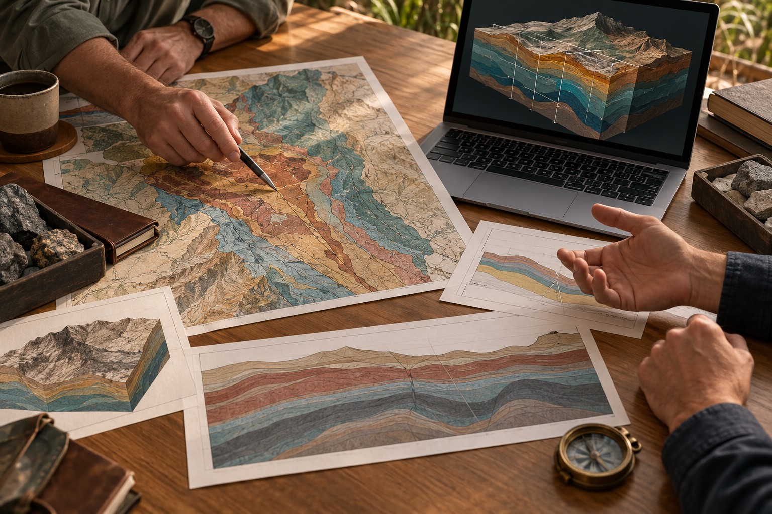 Maps and geological sections being reviewed around a tabletop