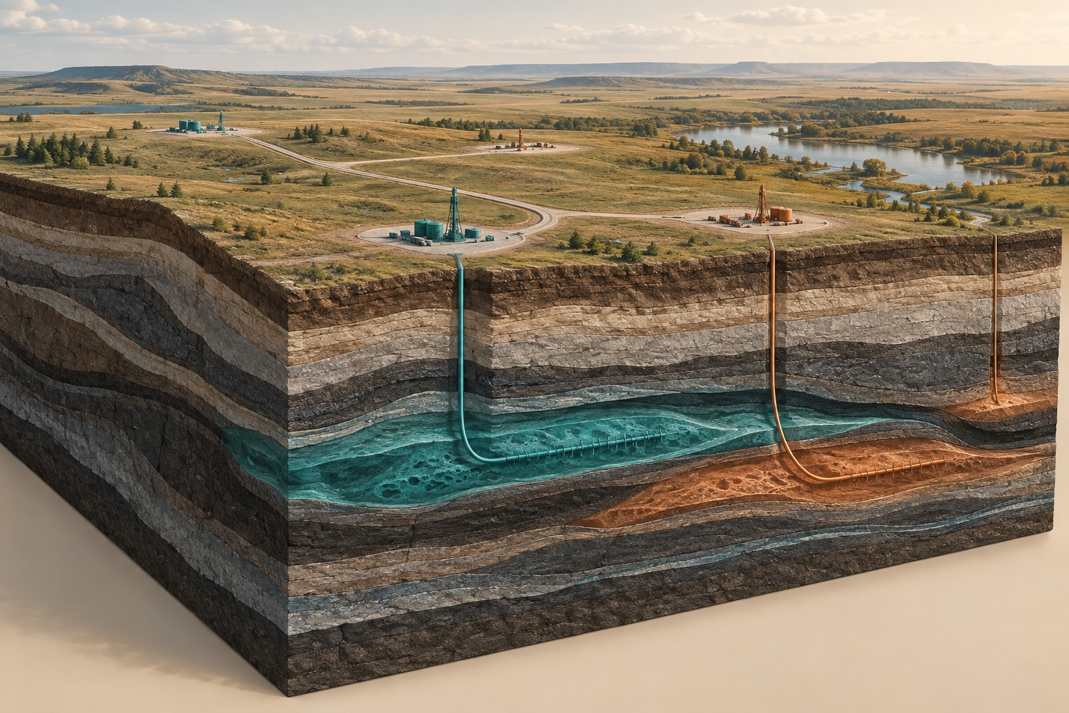 Conceptual well locations and access routes connected to a subsurface geological model