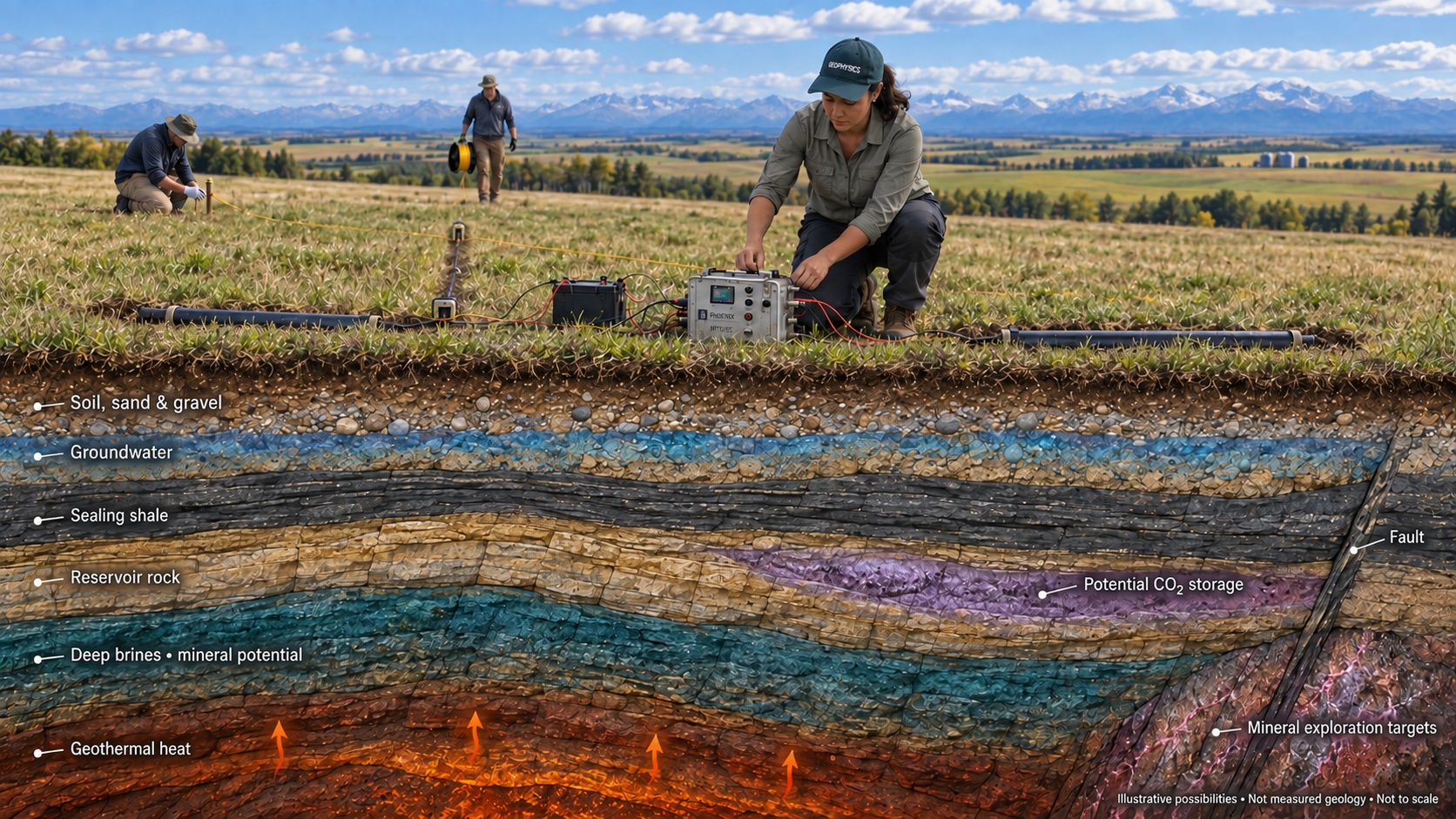 AI-created Alberta prairie MT field crew with Rocky Mountains and an illustrative geological cutaway